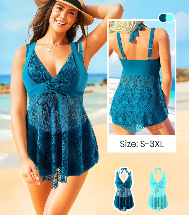 ✨Summer Hot Sale 🔥Women's V-Neck Lace Swimdress ＆ Boyshorts Two-Piece Set