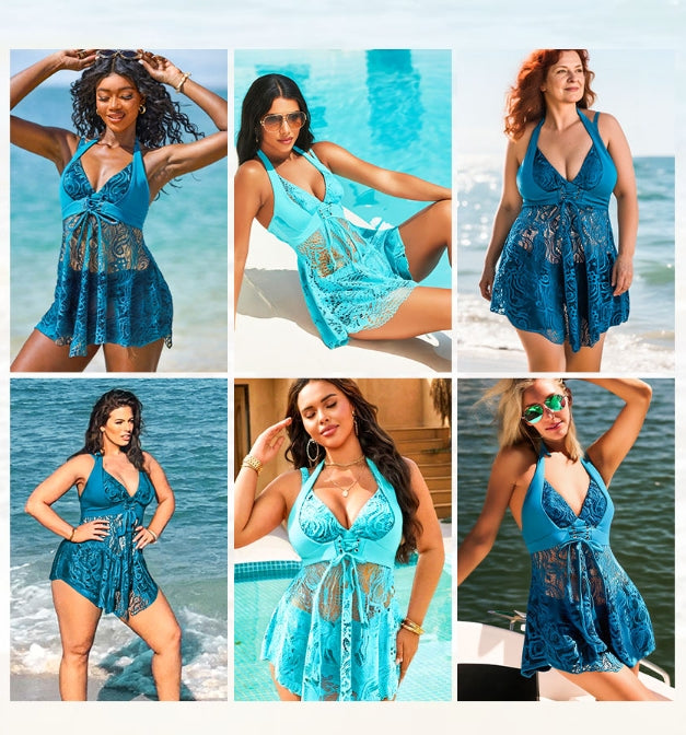 ✨Summer Hot Sale 🔥Women's V-Neck Lace Swimdress ＆ Boyshorts Two-Piece Set