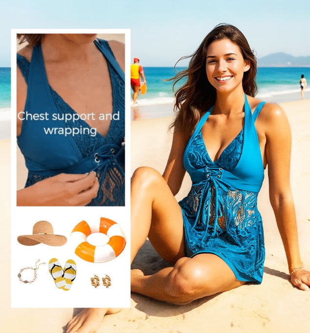 ✨Summer Hot Sale 🔥Women's V-Neck Lace Swimdress ＆ Boyshorts Two-Piece Set