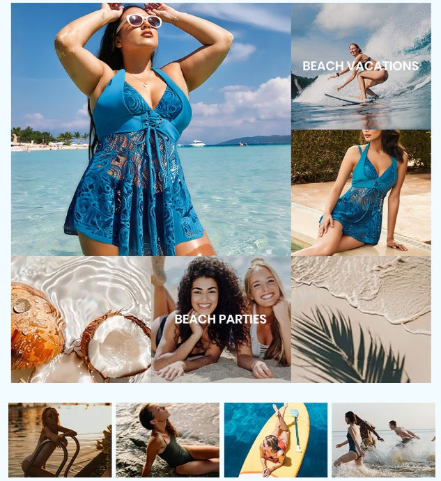 ✨Summer Hot Sale 🔥Women's V-Neck Lace Swimdress ＆ Boyshorts Two-Piece Set